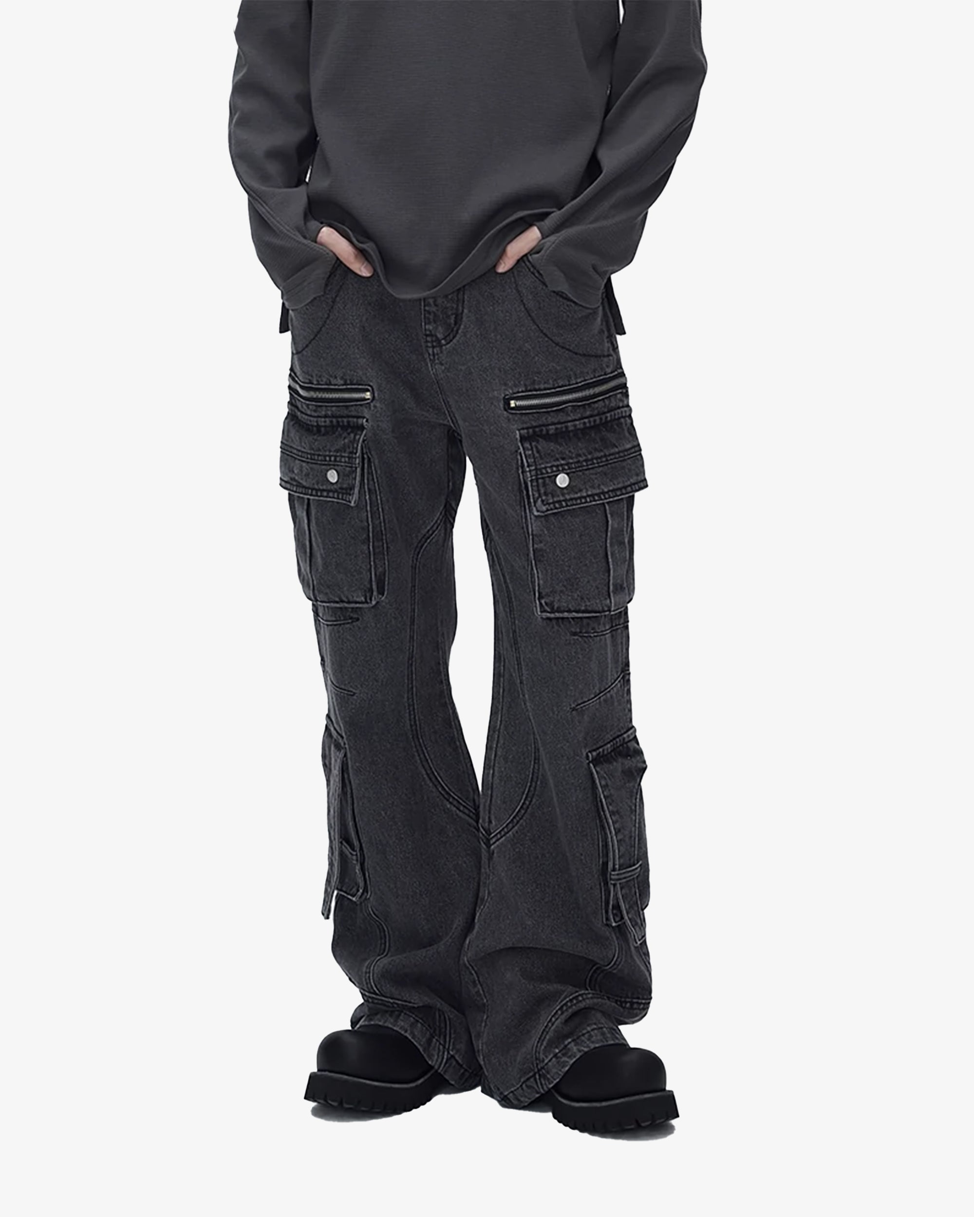 8 Pocket Washed Flared Cargo Pants