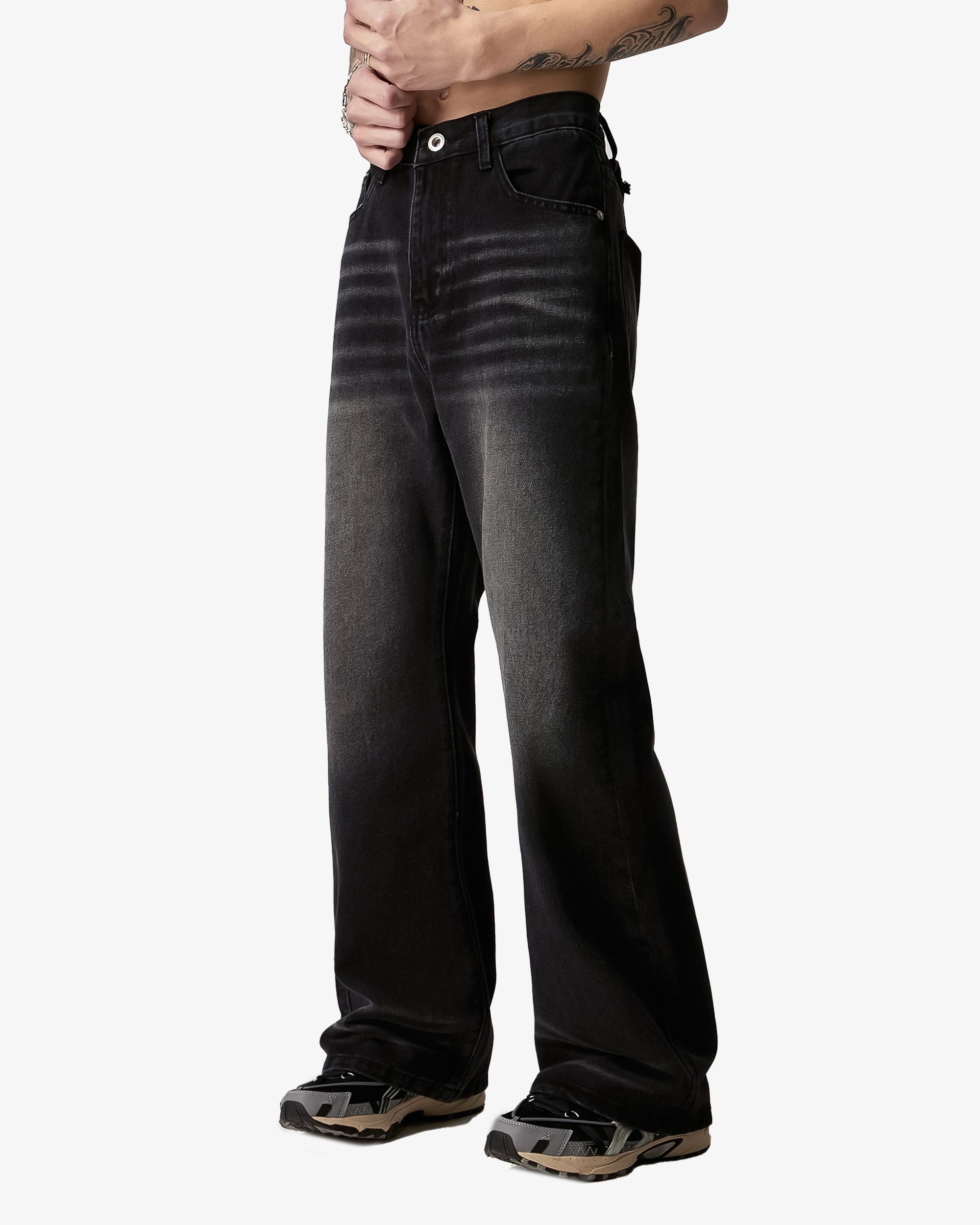 Dark Black Wash Black Wide Cut Micro Flare Faded Jeans