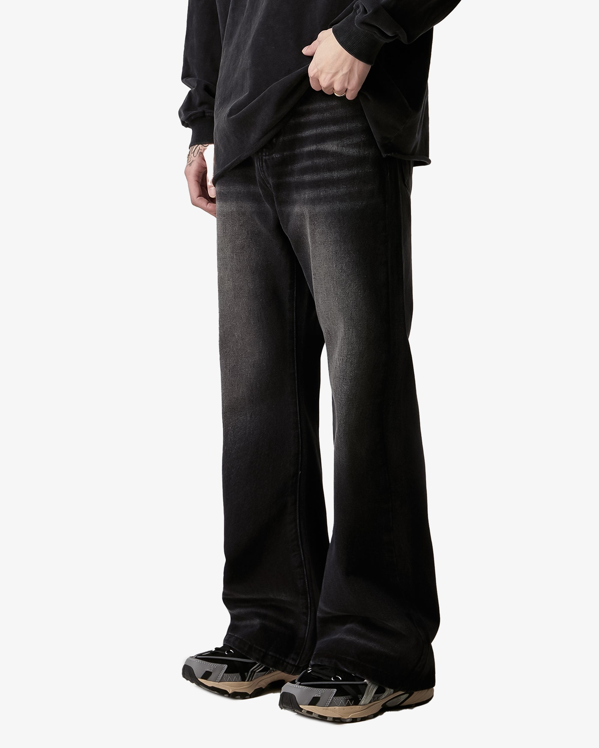 Dark Black Wash Black Wide Cut Micro Flare Faded Jeans