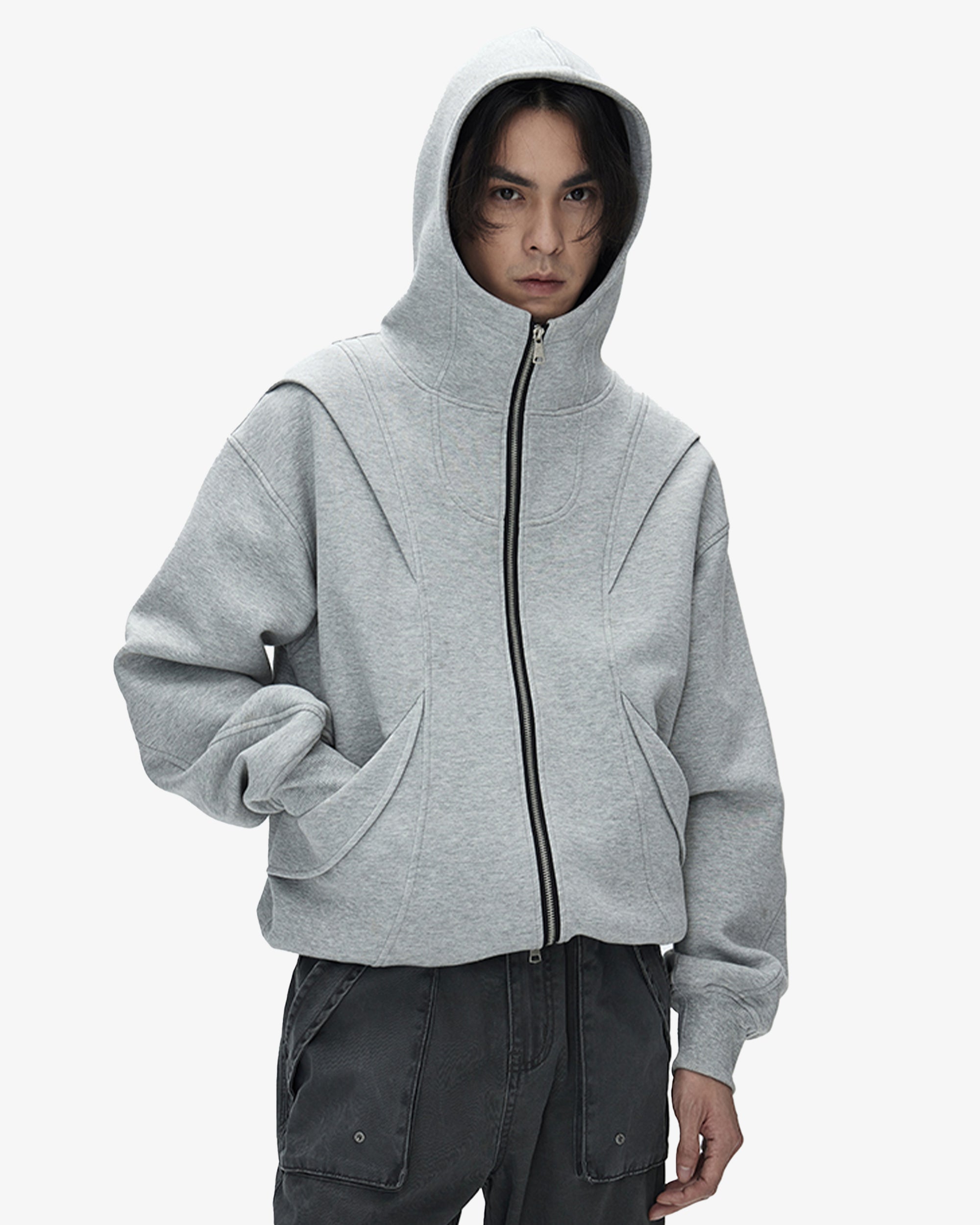 Futuristic Grey High Neck Fleece Grey Hoodie