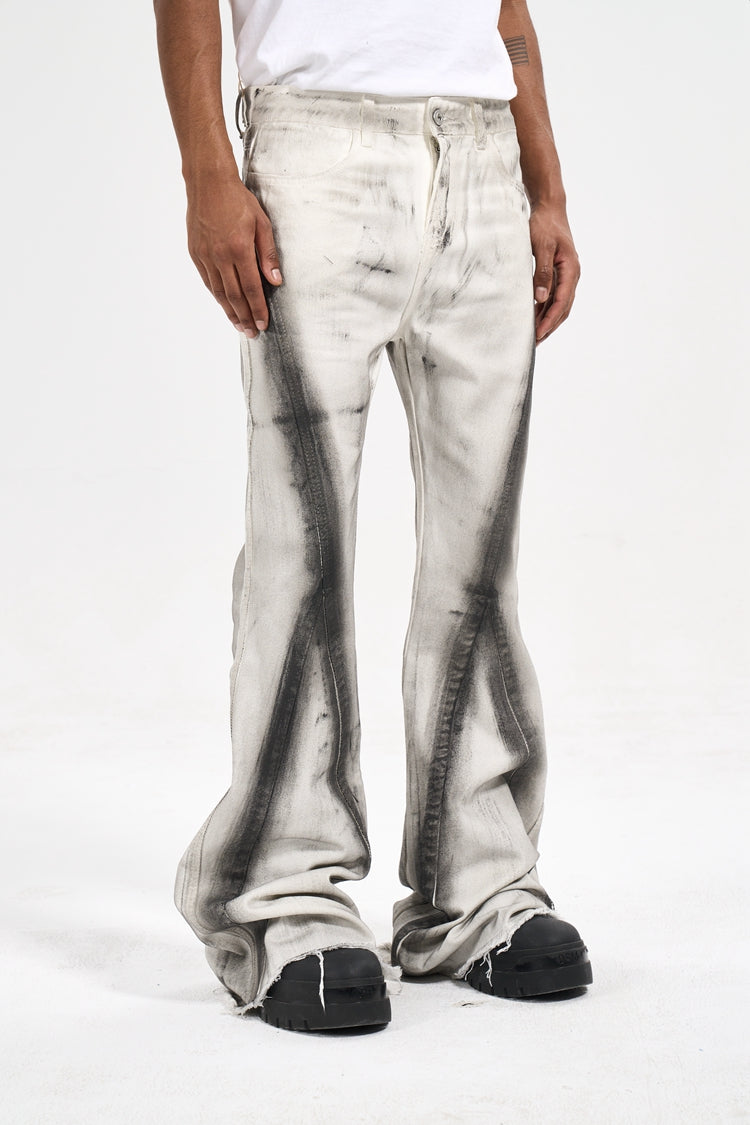 Wide-Fit Flared Raw Edge Graffiti Denim Jean Pants