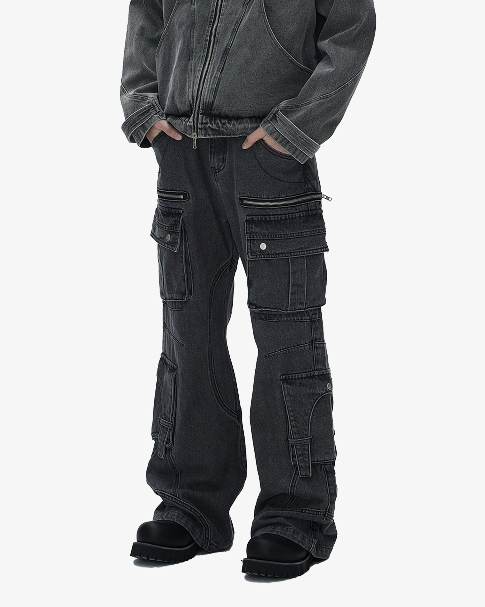 8 Pocket Washed Flared Cargo Pants