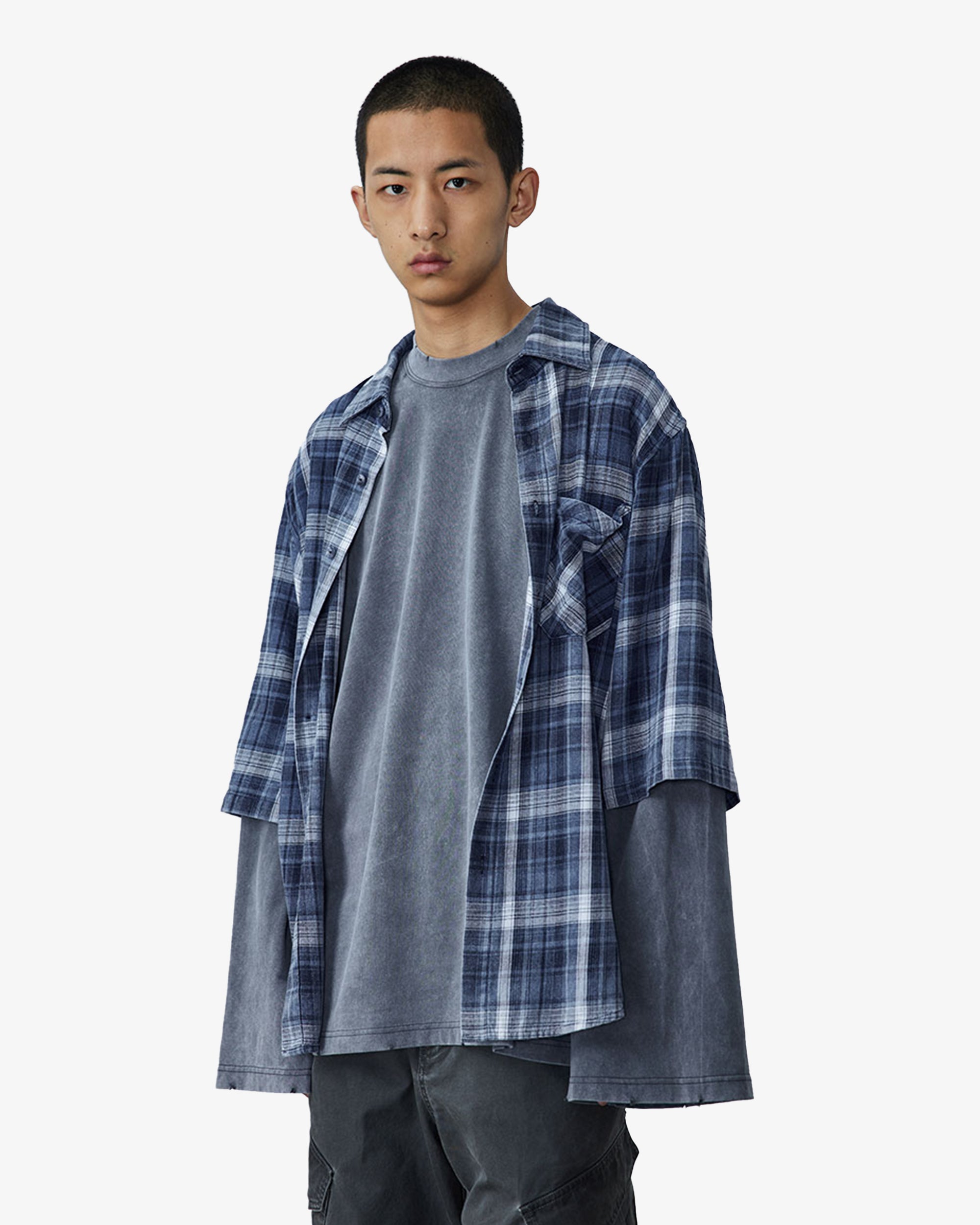 Two-Piece Blue Plaid Distressed Oversized Shirt