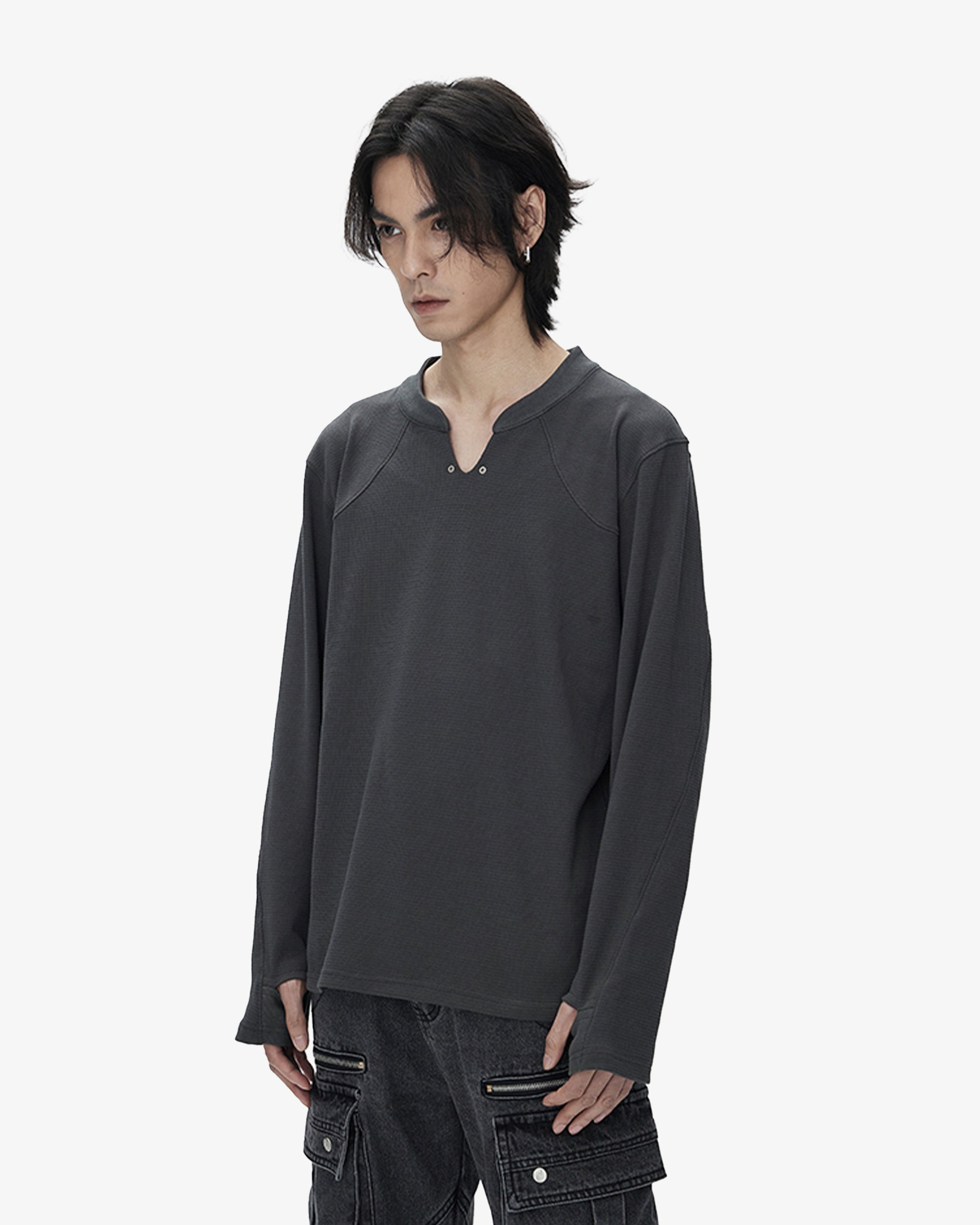 V-neck Open Collarless Long Sleeve Shirt